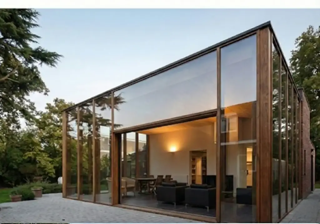 Paviljoen van hout en glas met schuifpuien in een bosrijke tuin