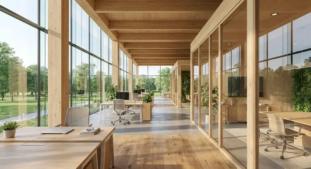 Kantoorruimte met glazen wanden en een houten constructie
