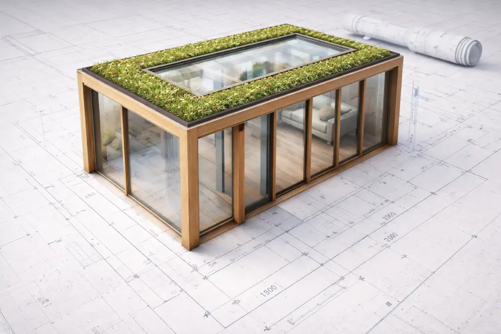 Glazen tuinkamer met houten kozijnen, gerealiseerd door Vitrowood
