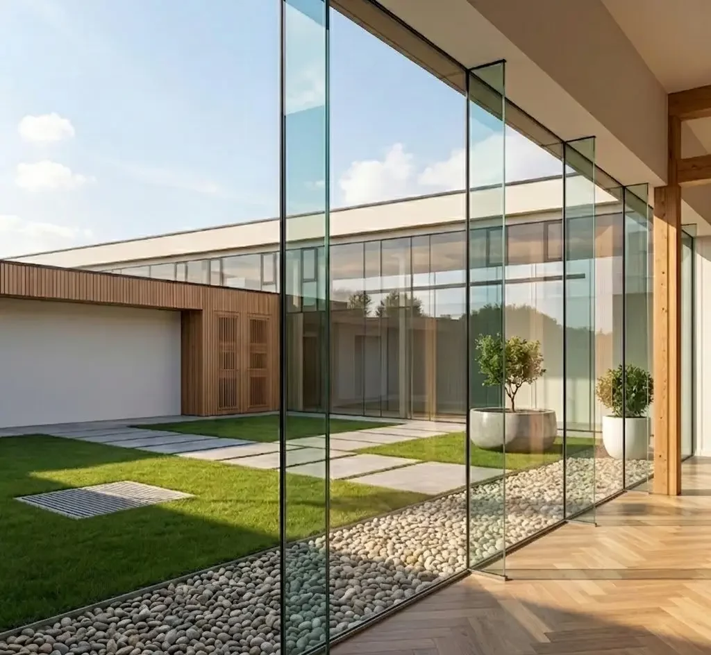 Glazen gevel in combinatie met hout rond een binnentuin
