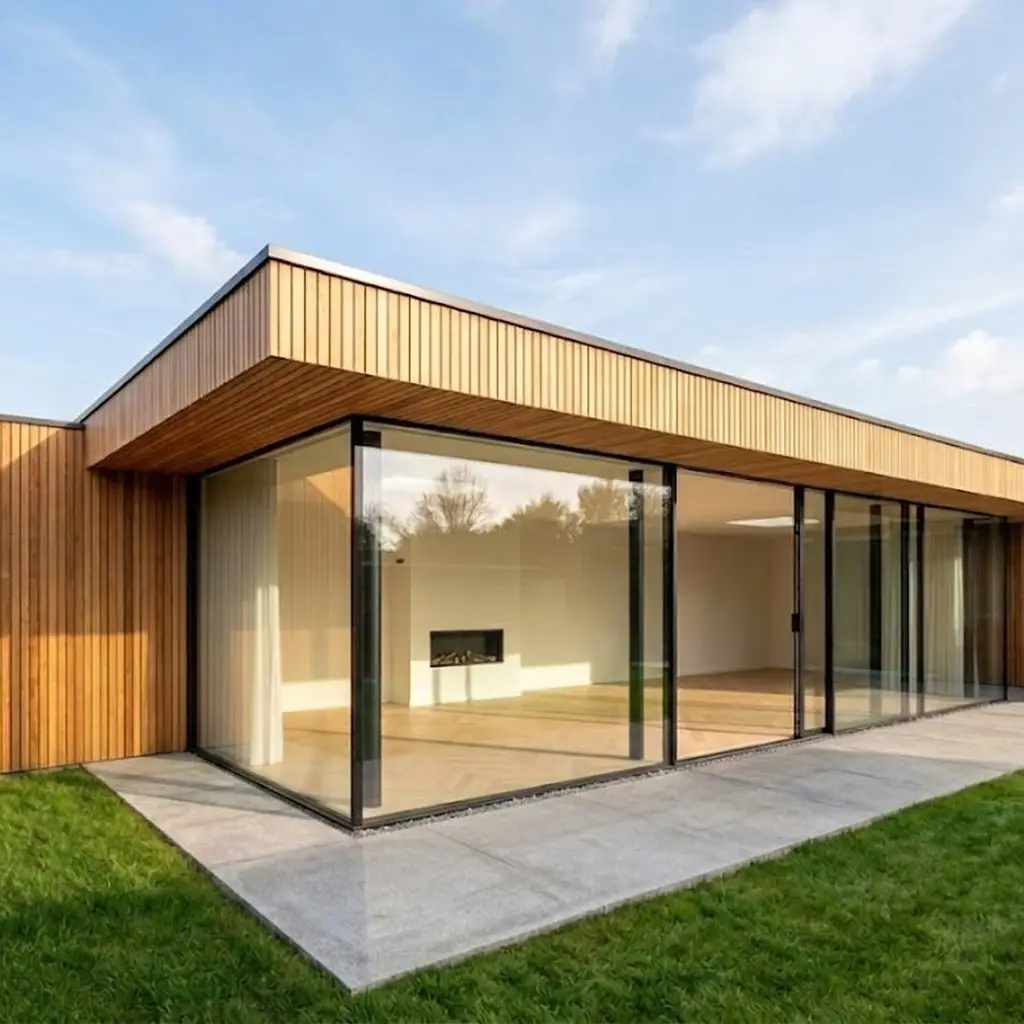 Uitbouw met houten gevelbekleding en grote glazen puien