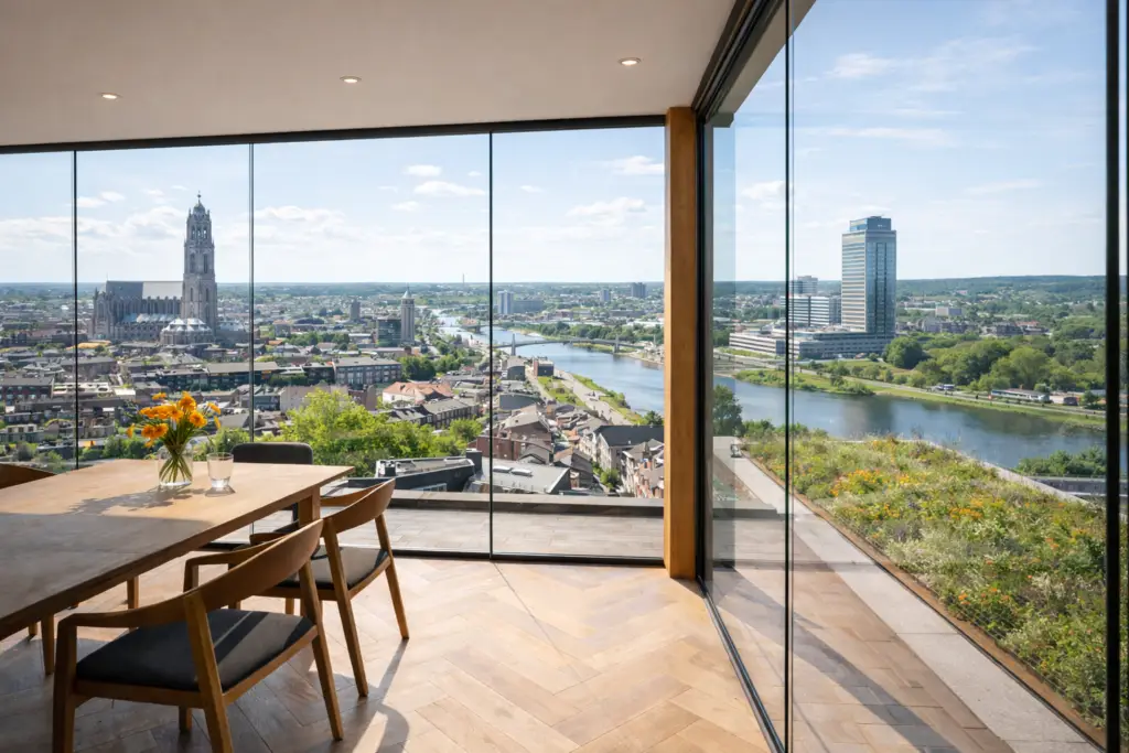 Dakopbouw met glazen gevel en uitzicht over de stad en de rivier