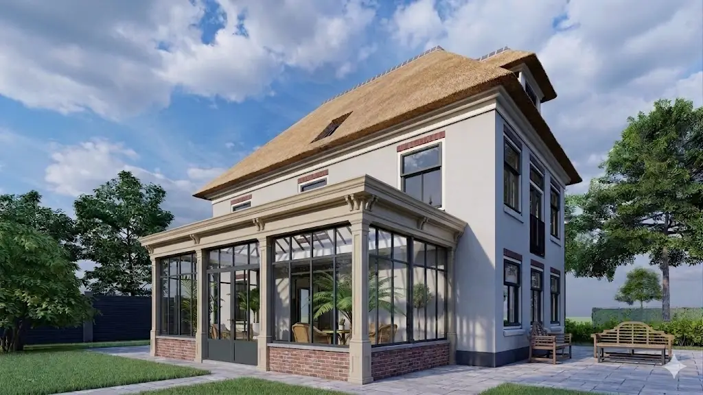 Klassieke serre van hout en glas aan een herenhuis