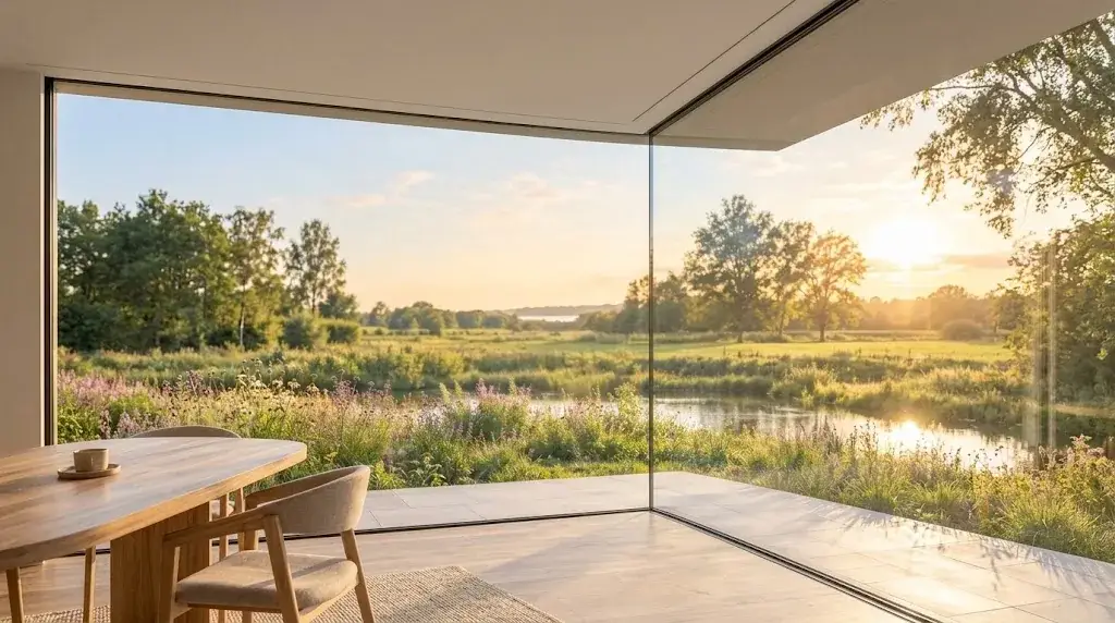 Interieur met glazen hoek zonder stijl en uitzicht op de natuur