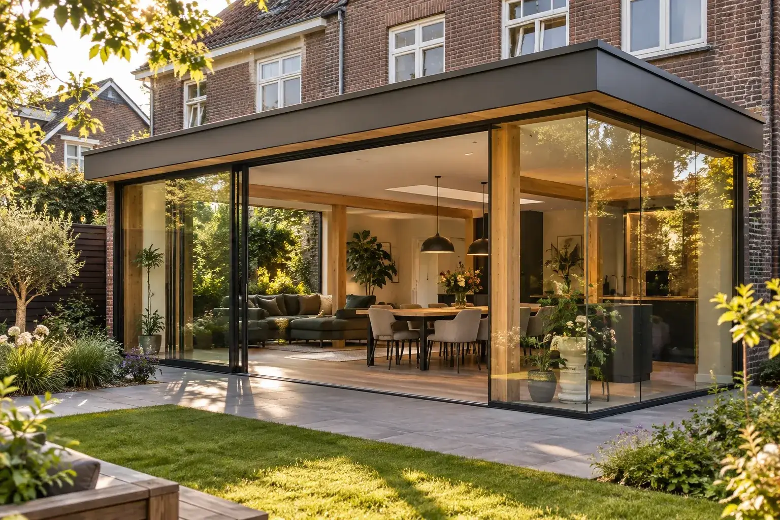 Glazen uitbouw met houten kolommen en minimalistische schuifpuien