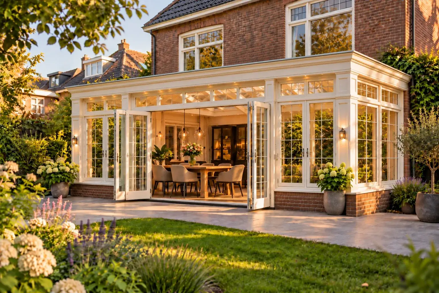 Klassieke houten serre met openslaande deuren aan een herenhuis