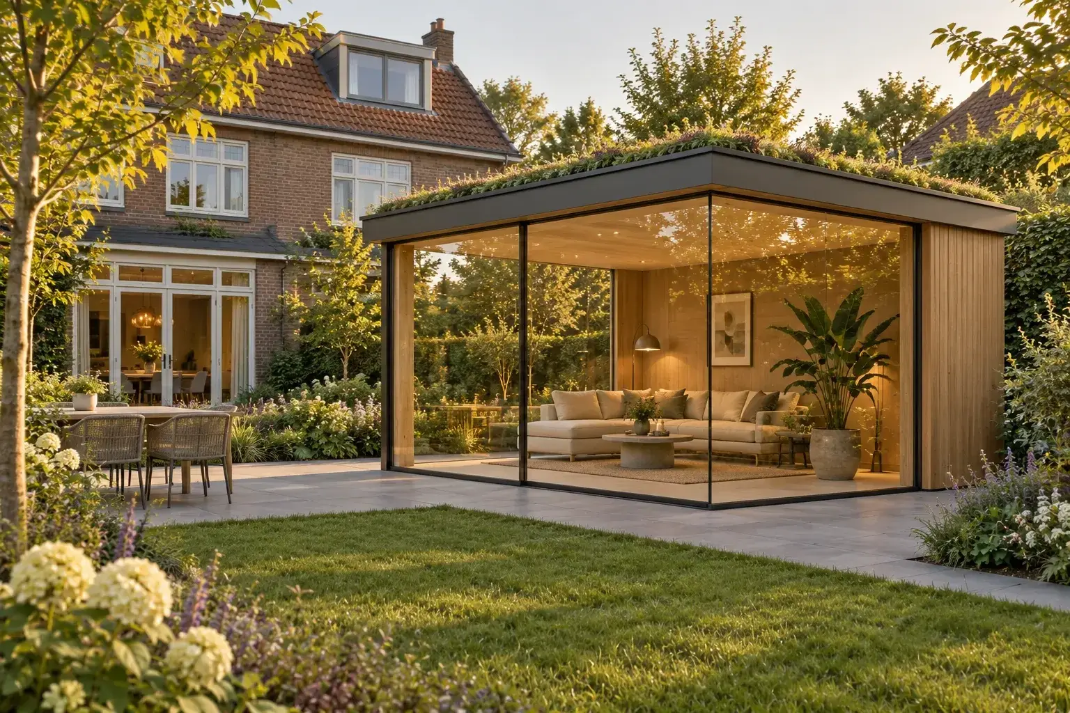 Vrijstaande tuinkamer in hout en glas met glazen hoek en sedumdak